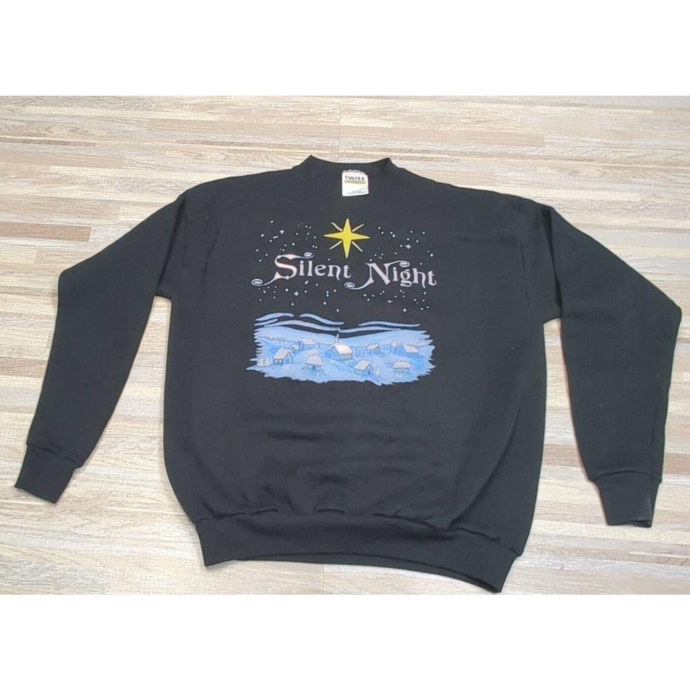 Vintage Silent Night Christmas Theme Crewneck Pullover Sweatshirt M Black